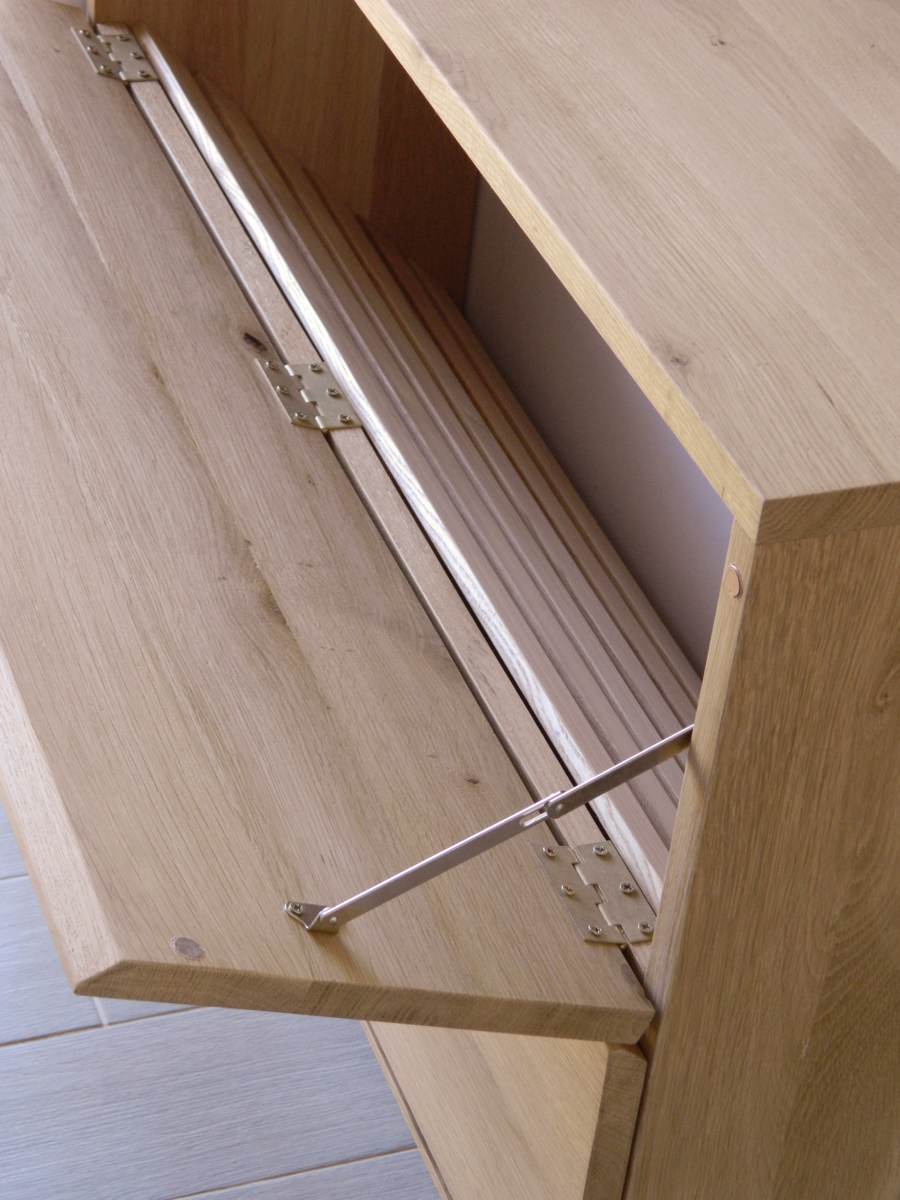 Vedere interioară corp de depozitare pentru încălțăminte cu ușă cu limitatoare de coborâre, poliță înclinată pentru pantofi din rigle de lemn