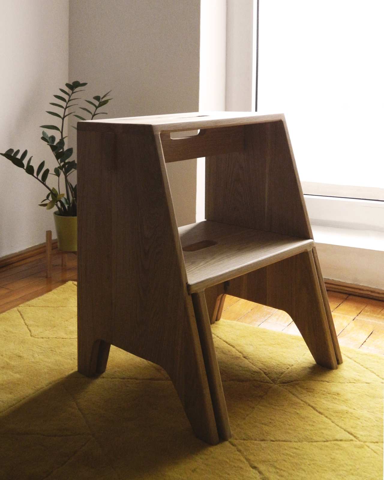 Taburet scăriță cu treaptă retractabilă din lemn de stejar