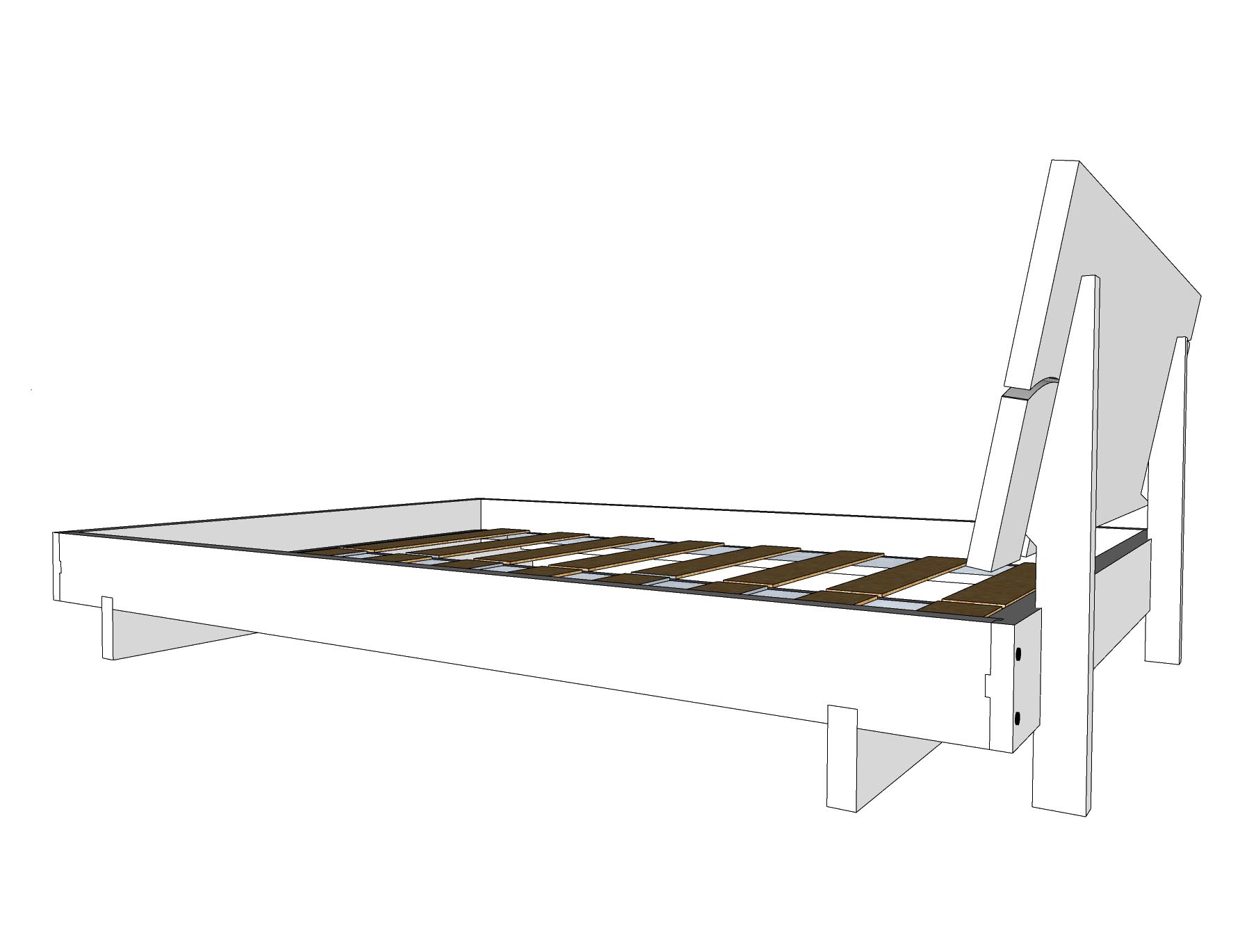 Vizualizare 3D din lateral a aceluiași pat cu tablia din lemn. Se observă picioarele ce susțin tăblia din spatele acesteia