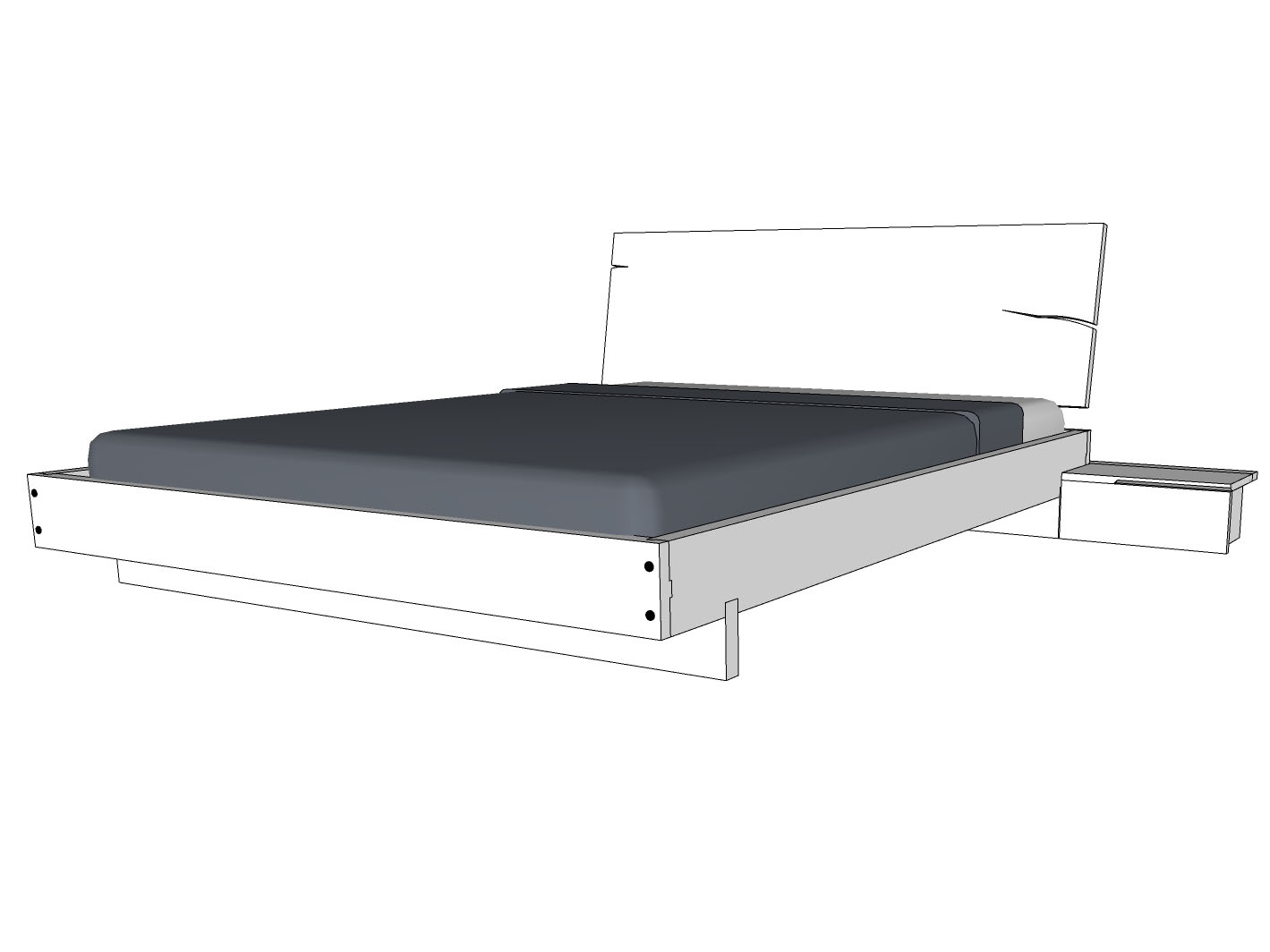 Vizualizare 3D de ansamblu cu patul Z35 cu saltea si noptiera joasă atașată